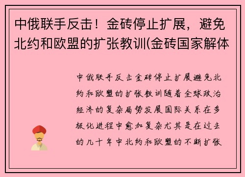 中俄联手反击！金砖停止扩展，避免北约和欧盟的扩张教训(金砖国家解体)