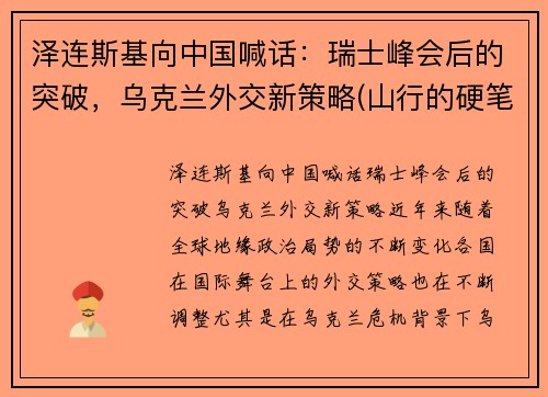 泽连斯基向中国喊话：瑞士峰会后的突破，乌克兰外交新策略(山行的硬笔)